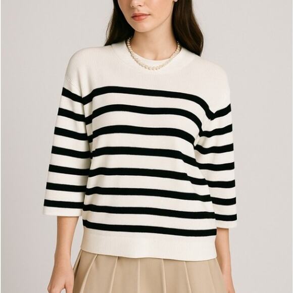 NEO NOIR white & black stripe 3/4 wide sleeve sweater size medium classic spring - Picture 1 of 7